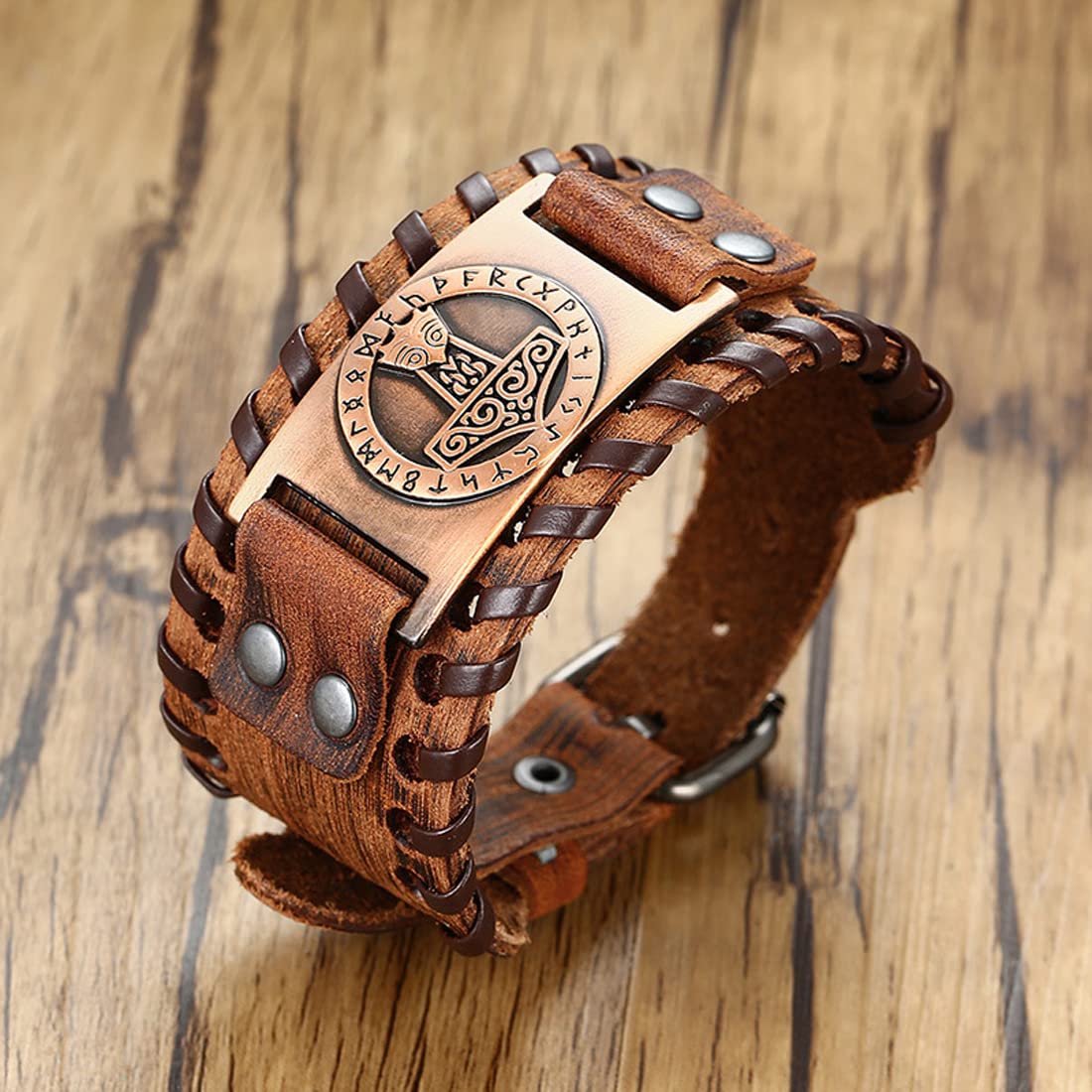 Rockyu ブレスレット メンズ レザー 幅広 ヴァイキング 雷神ハンマー記号 プレート ブラック＆ブラウン
