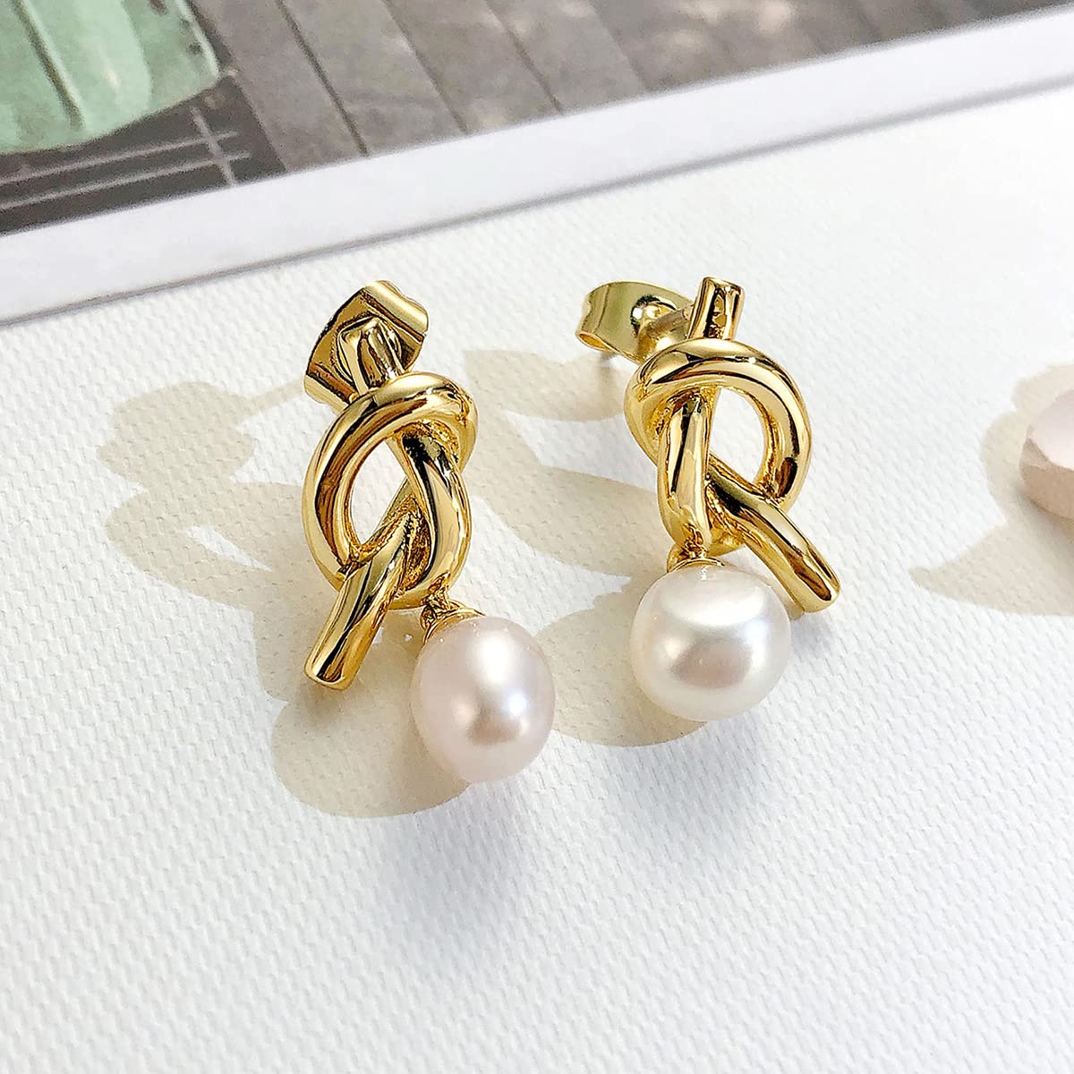 Rockyu ゴールドノットパールピアス ステンレス製 レディース