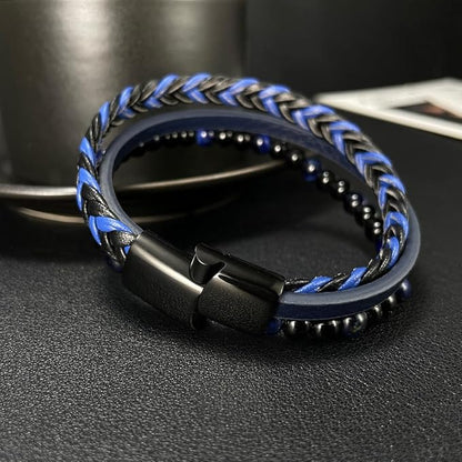 [Rockyu] ブレスレット メンズ レザー 編み込み 数珠 3連ブレスレット ステンレス マグネット留め ブルー ブラック ブランド