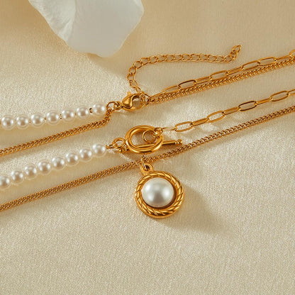 Rockyu パールネックレス レディース 2連 ゴールド ステンレス製 OTチェーン パールペンダント 調整可能 エレガント 結婚式 パーティー