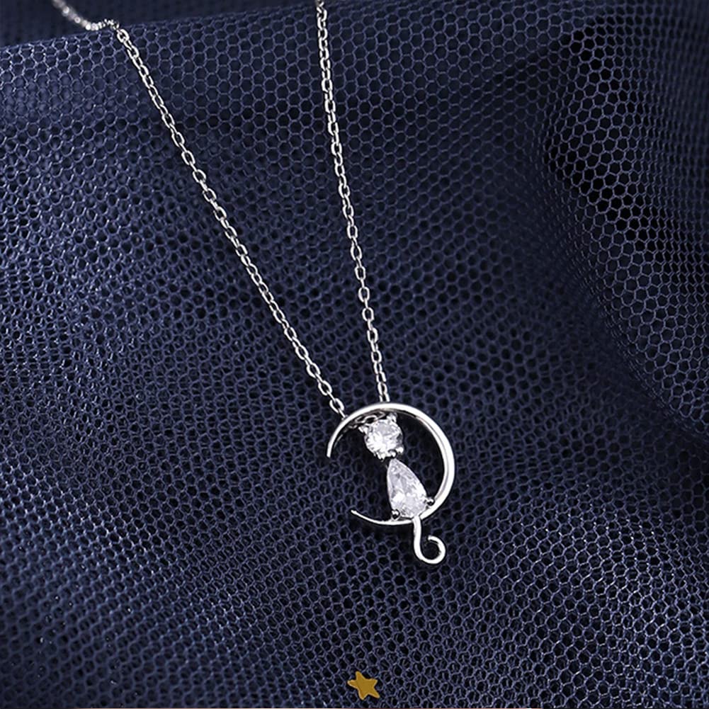Rockyu 猫と月 ネックレス レディース 925純銀 ペンダント シンプル可愛い ジルコニア