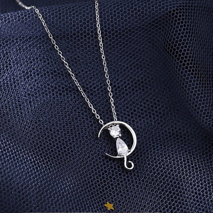 Rockyu 猫と月 ネックレス レディース 925純銀 ペンダント シンプル可愛い ジルコニア
