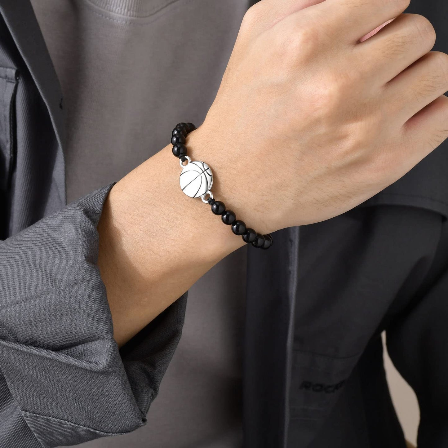 Rockyu メンズブレスレット ブラック瑪瑙 数珠 スポーツモチーフ バスケットボールデザイン 調節可能