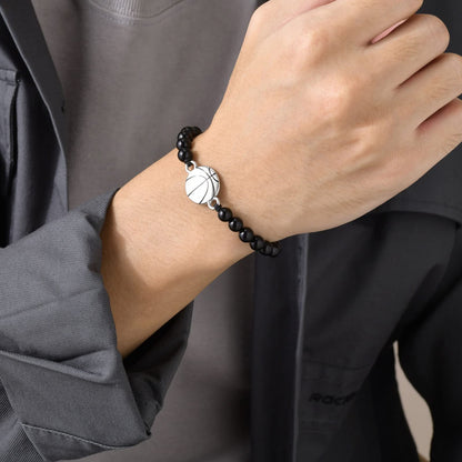 Rockyu メンズブレスレット ブラック瑪瑙 数珠 スポーツモチーフ バスケットボールデザイン 調節可能