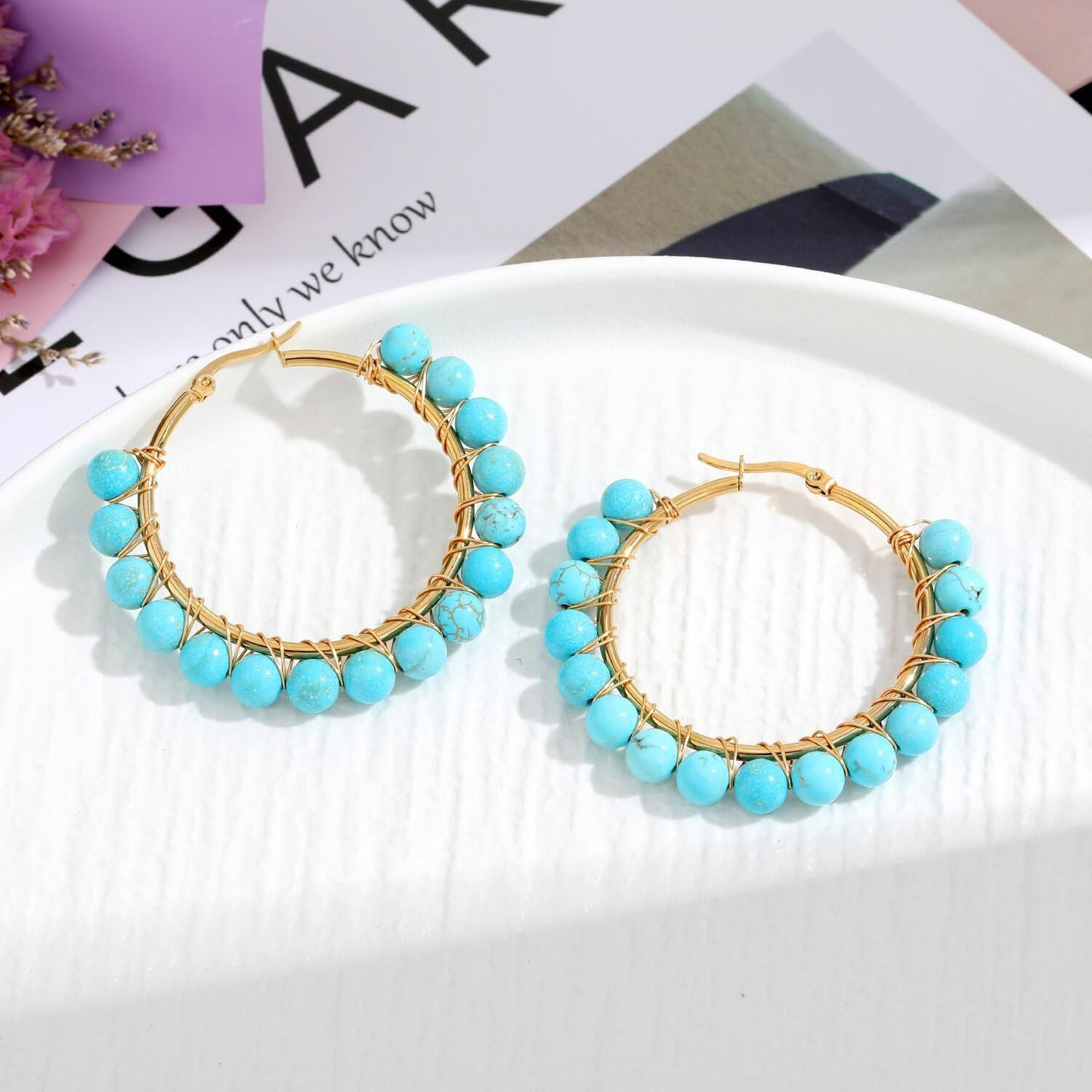 Rockyu フープピアス レディース 天然石 ターコイズ ホワイトムーンストーン ゴールド ワイヤーラップ 大ぶりピアス ギフト 誕生日 クリスマス