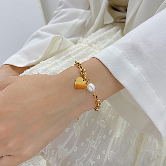 ブレスレット レディース ブランド シルバー ゴールド 真珠 ハートブレスレット パール 心型 ペンダント あずきチェーン 太め 調整可能 ステンレス 金属アレルギー対応 おしゃれ 誕生日 プレゼント アクセサリー