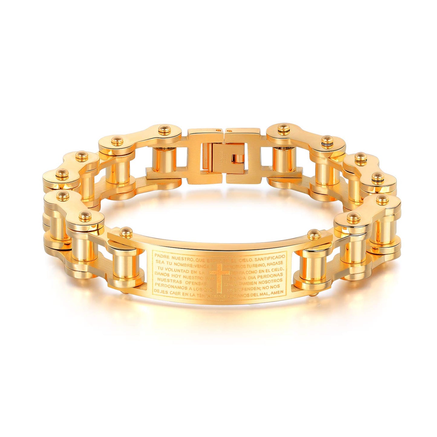 Rockyu メンズブレスレット 自転車チェーン風 ゴールド チタン製 プレート刻印 十字架 真言入り ハワイアン風 パーティーアクセサリー