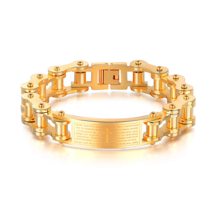 Rockyu メンズブレスレット 自転車チェーン風 ゴールド チタン製 プレート刻印 十字架 真言入り ハワイアン風 パーティーアクセサリー
