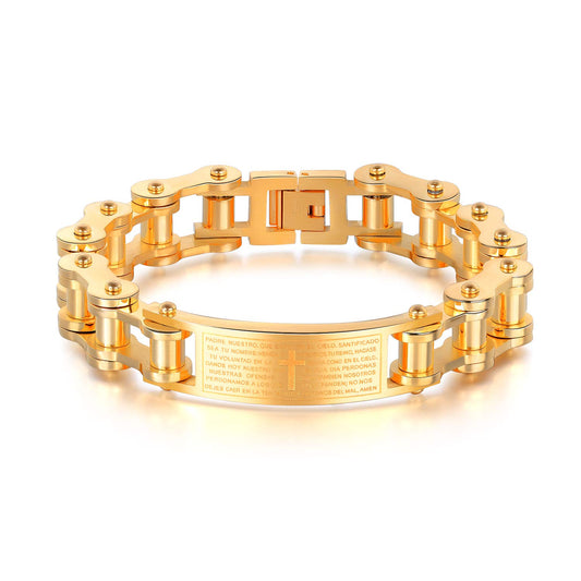 Rockyu メンズブレスレット 自転車チェーン風 ゴールド チタン製 プレート刻印 十字架 真言入り ハワイアン風 パーティーアクセサリー