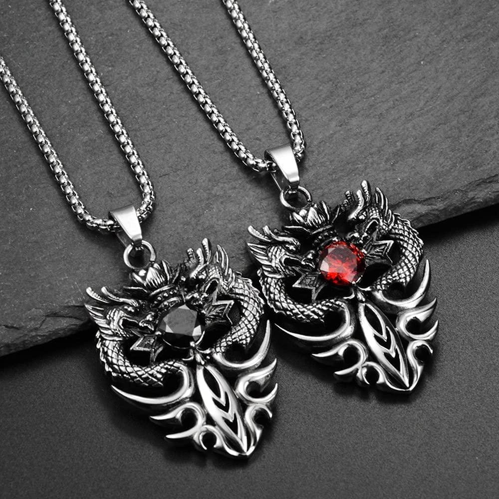 【双龍の守護】ステンレスペンダントネックレス｜ブラック＆レッドストーン メンズアクセ