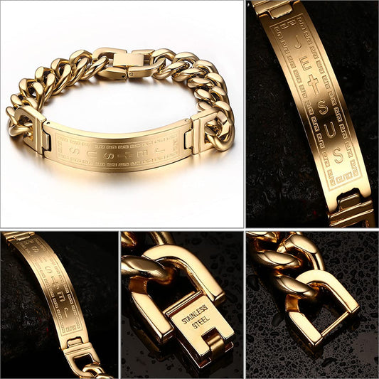 Rockyu メンズブレスレット ステンレス製 十字架刻印チェーン シルバーとゴールドカラー 21cm