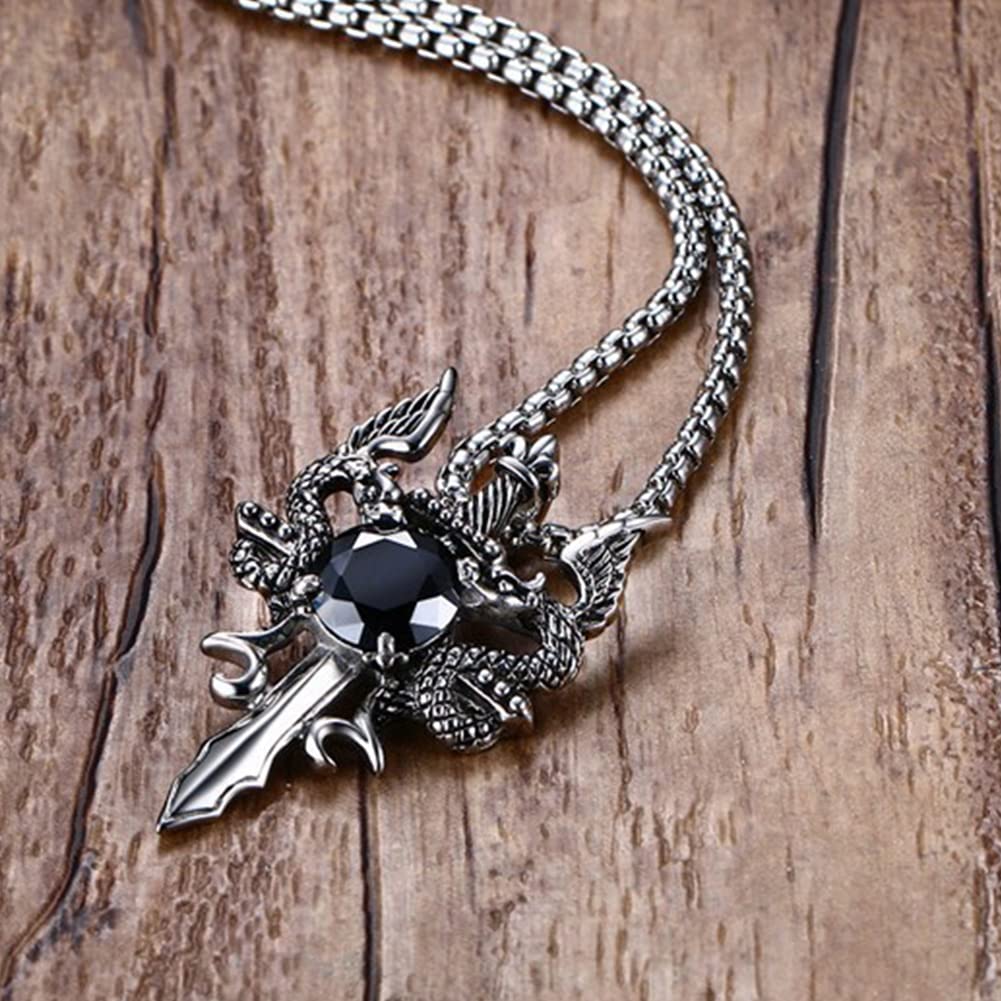 Rockyu ネックレス メンズ シルバー 龍×剣ペンダント ブラックジルコニア ステンレス 60cmチェーン