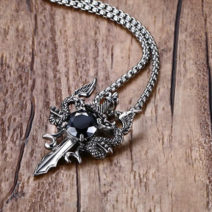 Rockyu ネックレス メンズ シルバー 龍×剣ペンダント ブラックジルコニア ステンレス 60cmチェーン