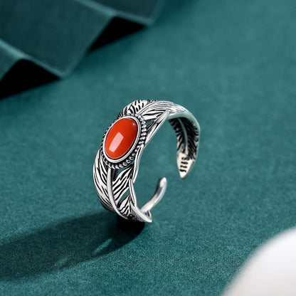 Rockyu 南紅瑪瑙 シルバー925 羽根モチーフリング アンティーク調 開口調整可能