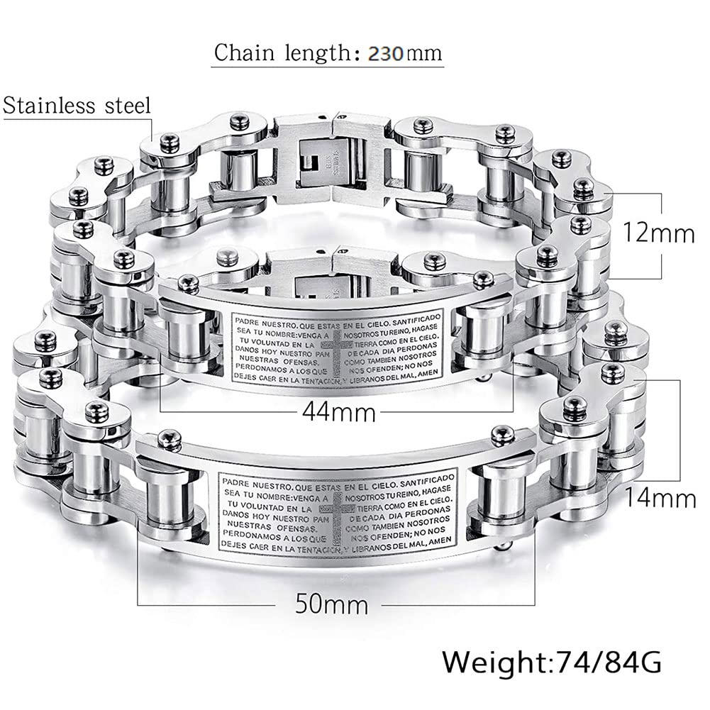 Rockyu メンズブレスレット 自転車チェーン風 ゴールド チタン製 プレート刻印 十字架 真言入り ハワイアン風 パーティーアクセサリー