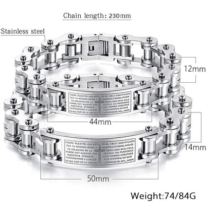 Rockyu メンズブレスレット 自転車チェーン風 ゴールド チタン製 プレート刻印 十字架 真言入り ハワイアン風 パーティーアクセサリー