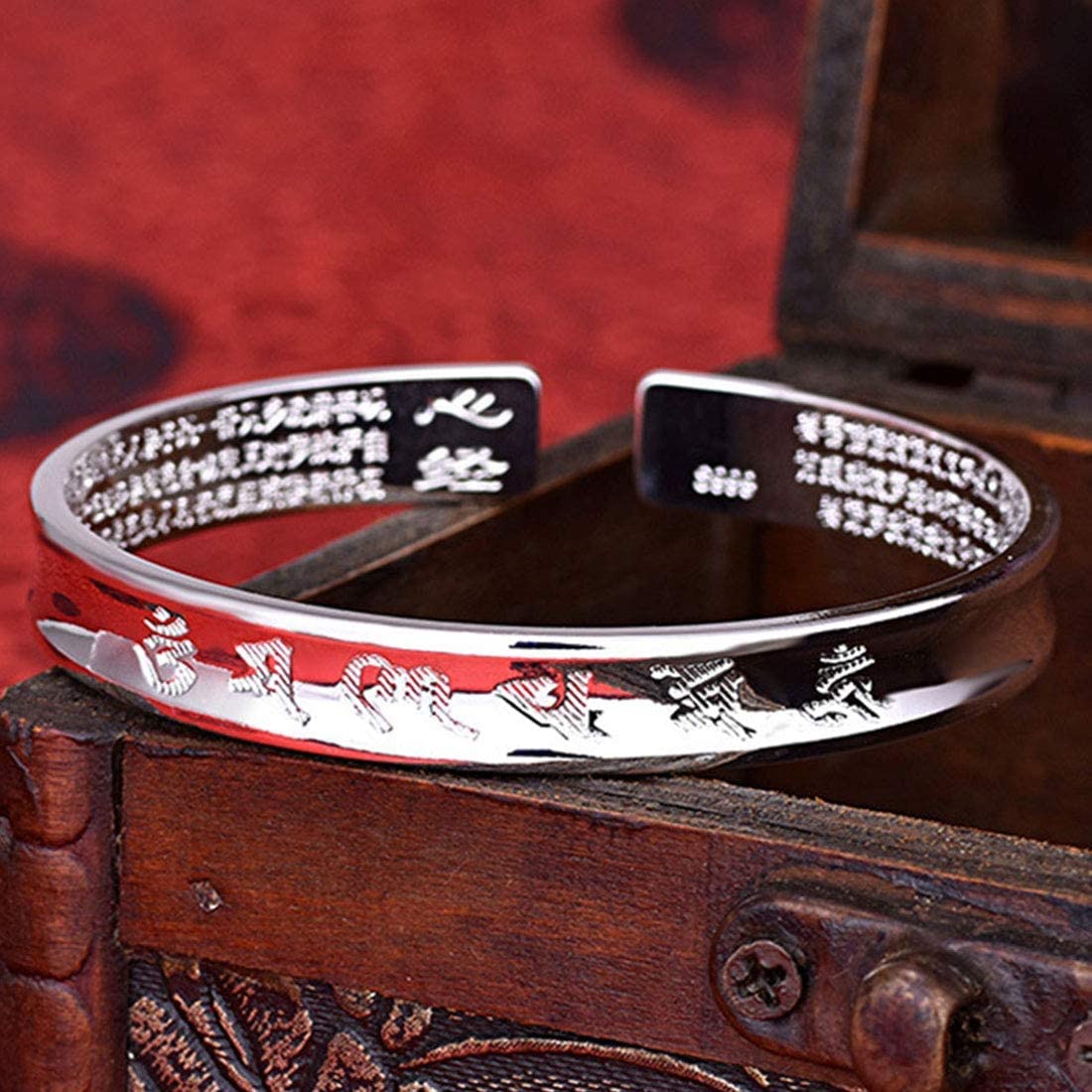 Rockyu バングル ブレスレット メンズ レディース シルバー ブラック 六字真言 刻印 幅広デザイン サイズ調節可