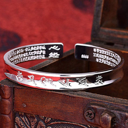 Rockyu バングル ブレスレット メンズ レディース シルバー ブラック 六字真言 刻印 幅広デザイン サイズ調節可