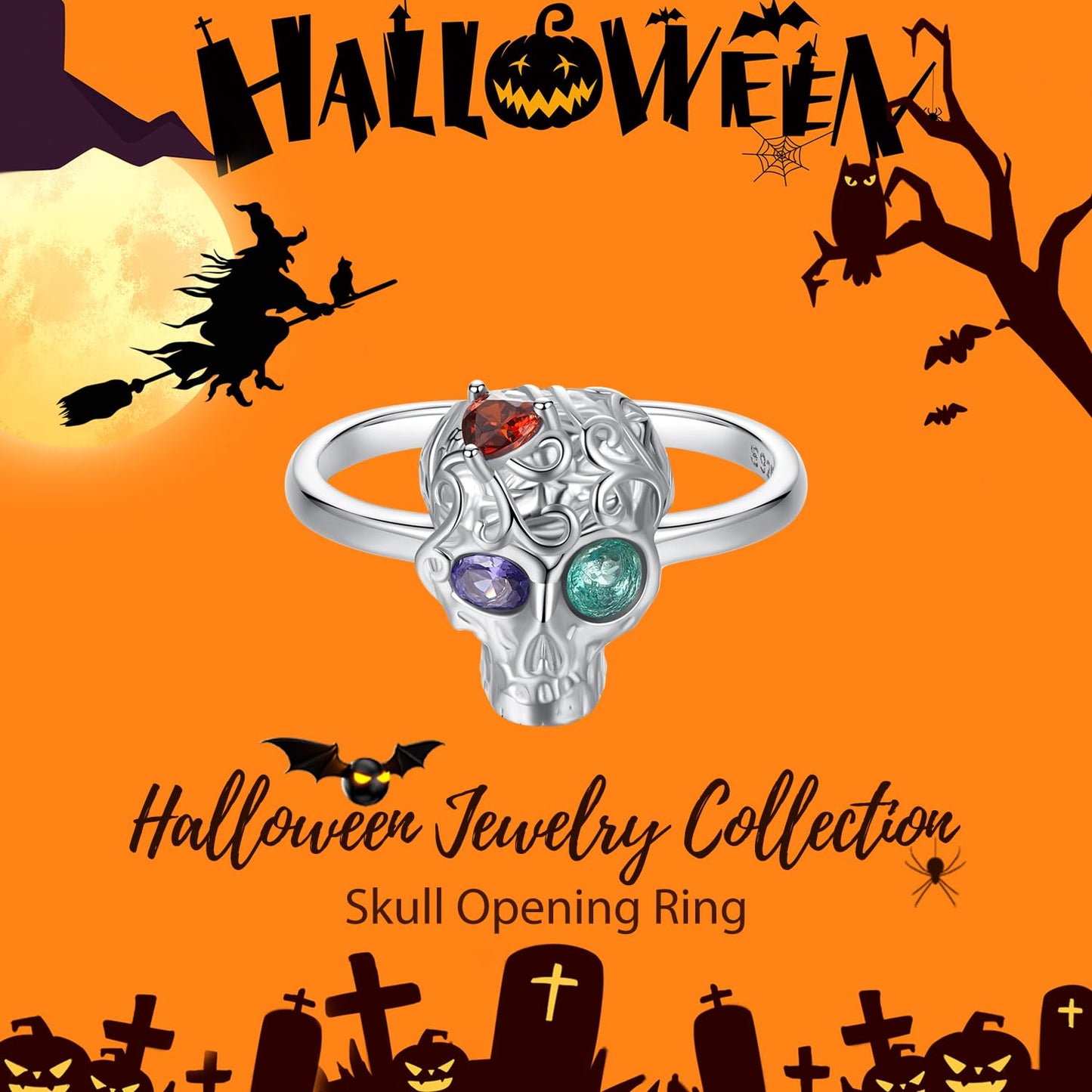 Rockyu シルバー925 スカルリング レディース フリーサイズ ホラー＆ジュエリーデザイン