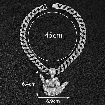 Rockyu ネックレス メンズ ゴールド＆シルバー ハンドシェイプペンダント キューバンチェーン ヒップホップ ダイヤモンド風 45cm