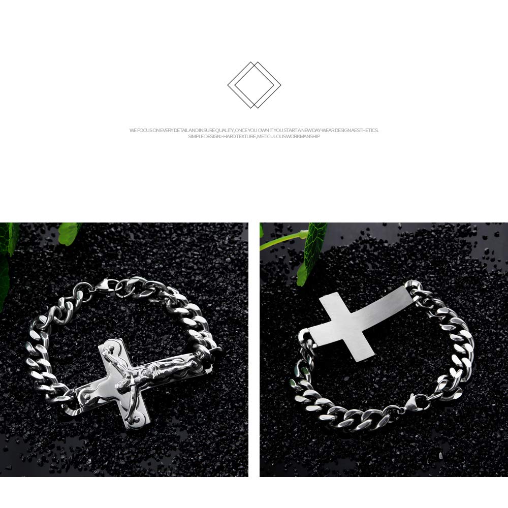 Rockyu メンズブレスレット クロス十字架 チタンチェーン シルバー 喜平デザイン