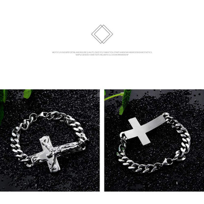 Rockyu メンズブレスレット クロス十字架 チタンチェーン シルバー 喜平デザイン