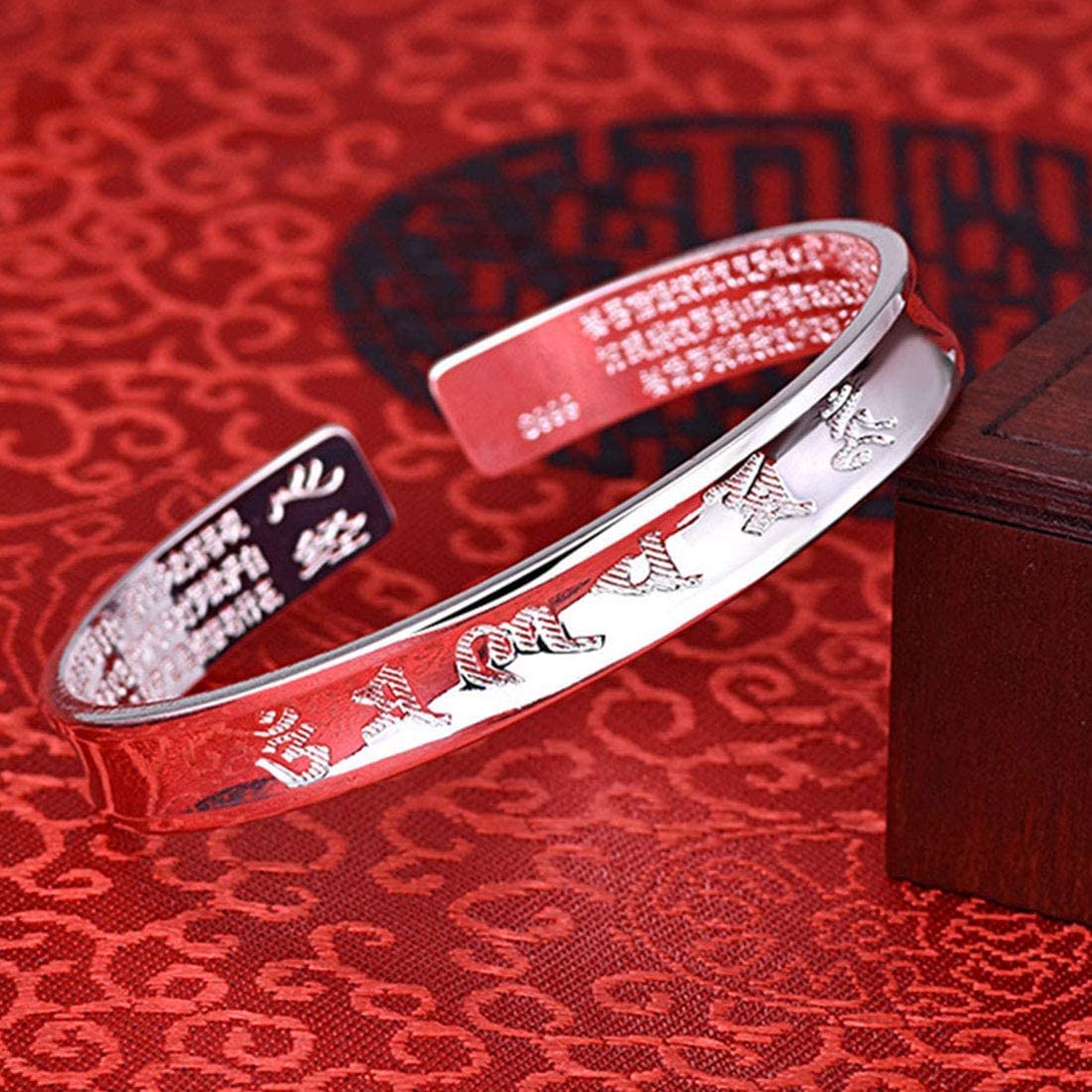 Rockyu バングル ブレスレット メンズ レディース シルバー ブラック 六字真言 刻印 幅広デザイン サイズ調節可