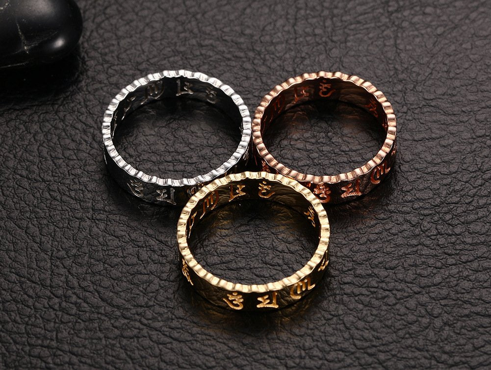 Rockyu ステンレス メンズリング 般若心経刻印 仏教モチーフ お守りデザイン シルバー ゴールド ローズゴールド