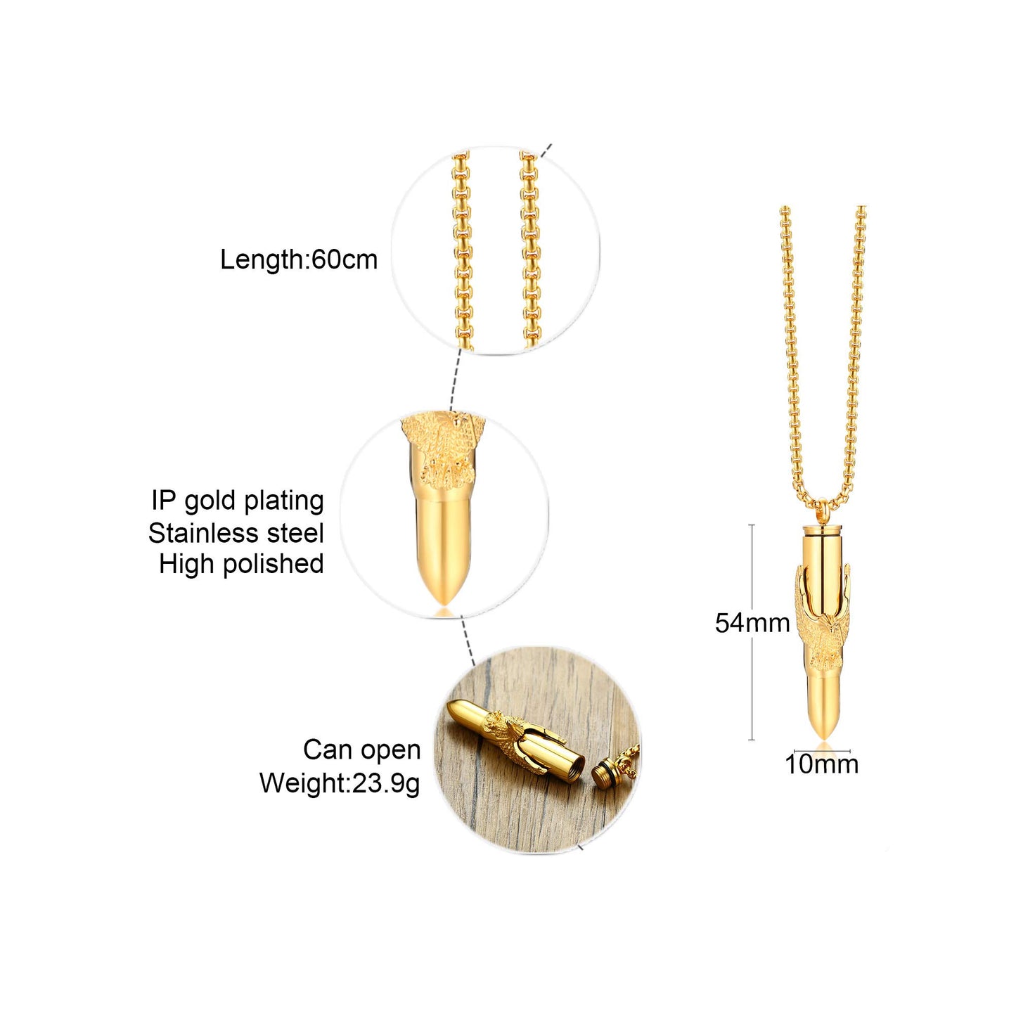 Rockyu 弾丸ネックレス メンズ 鷲の爪デザイン ステンレス製 遺骨入れ シルバー＆ゴールド