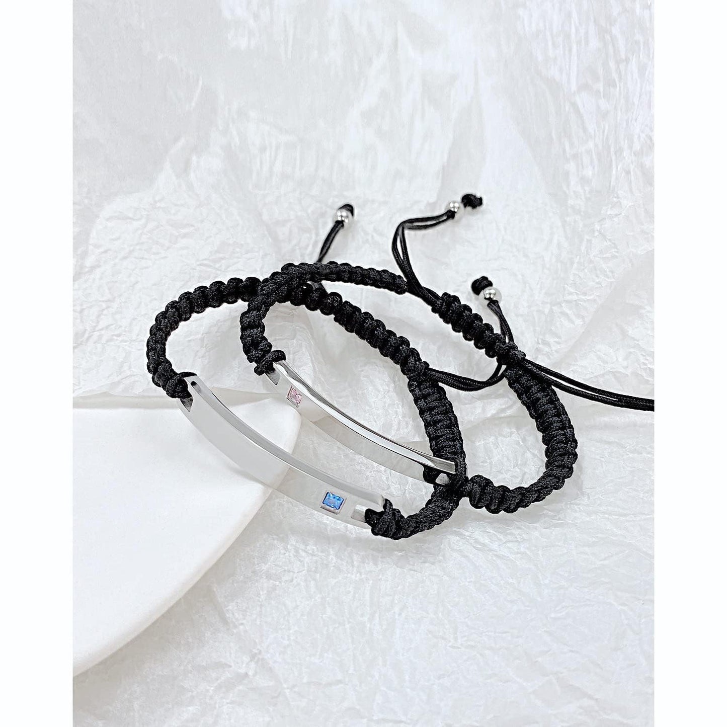 Rockyu レザーブレスレット ペア カップル用 調整可能コードタイプ ステンレス×CZ プレート 男女兼用