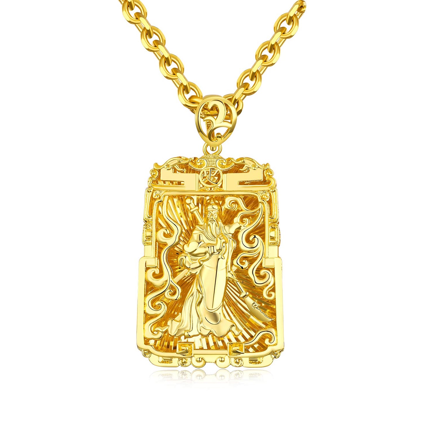 Rockyu メンズネックレス ゴールド 18金メッキ ペンダント 関公モチーフ プレートデザイン お守り風アクセサリー