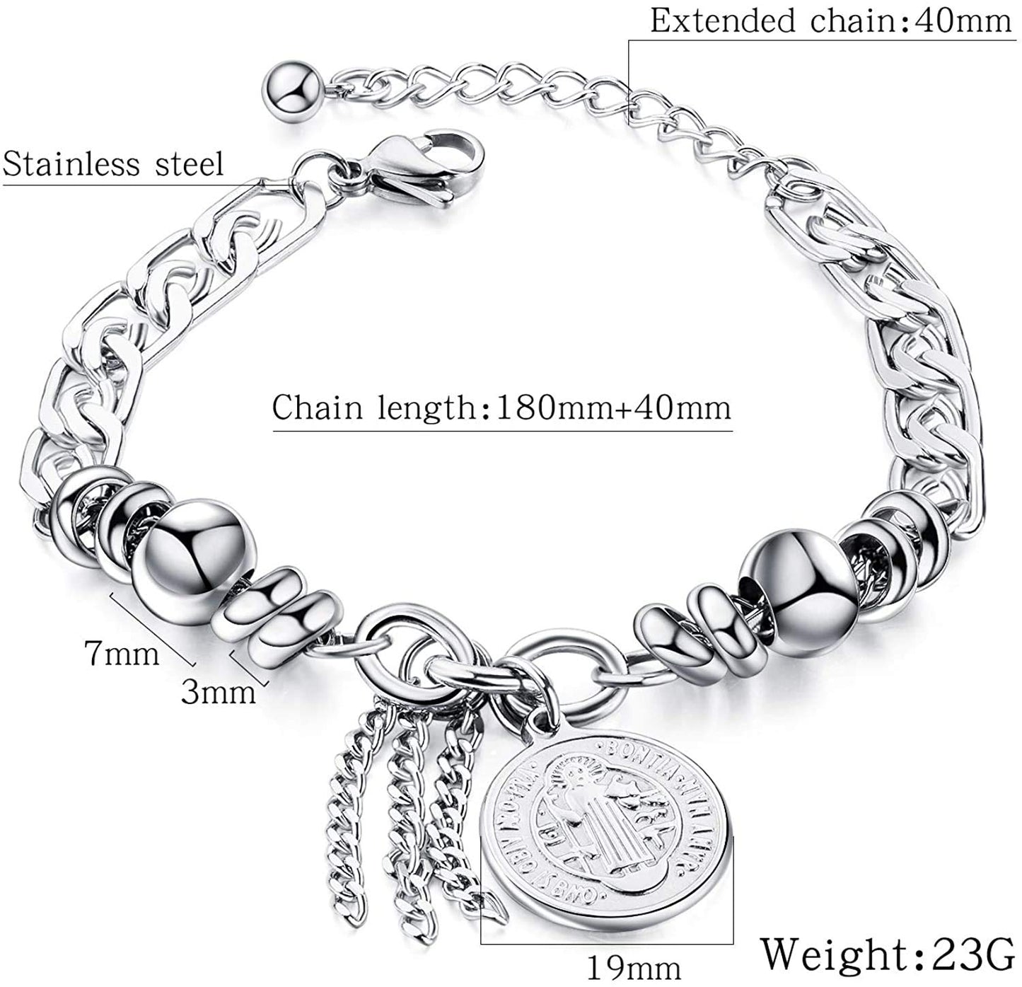 Rockyu レディースブレスレット シルバー チタン 円珠 コイン刻印 トーテム 御守風