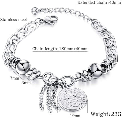 Rockyu レディースブレスレット シルバー チタン 円珠 コイン刻印 トーテム 御守風