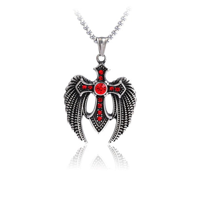 Rockyu クロスウィングネックレス メンズ ステンレス製 赤ジルコニア 十字架ペンダント