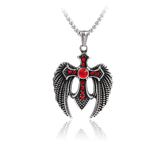 Rockyu クロスウィングネックレス メンズ ステンレス製 赤ジルコニア 十字架ペンダント