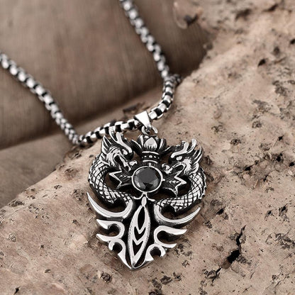 【双龍の守護】ステンレスペンダントネックレス｜ブラック＆レッドストーン メンズアクセ