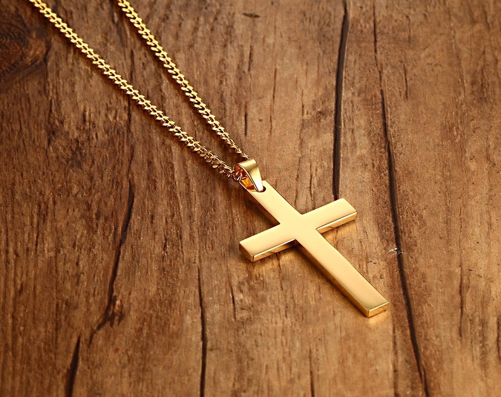 Rockyu シンプル十字架ペンダントネックレス【18金仕上げステンレス】