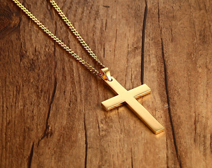 Rockyu シンプル十字架ペンダントネックレス【18金仕上げステンレス】
