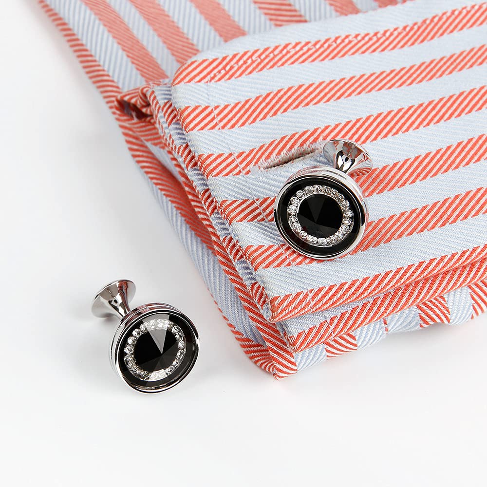 Rockyu メンズカフス ラウンドデザイン 大粒クリスタル シルバー ネイビーブルー カフリンクス