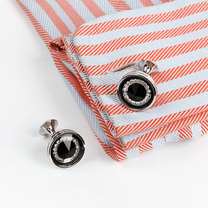 Rockyu メンズカフス ラウンドデザイン 大粒クリスタル シルバー ネイビーブルー カフリンクス