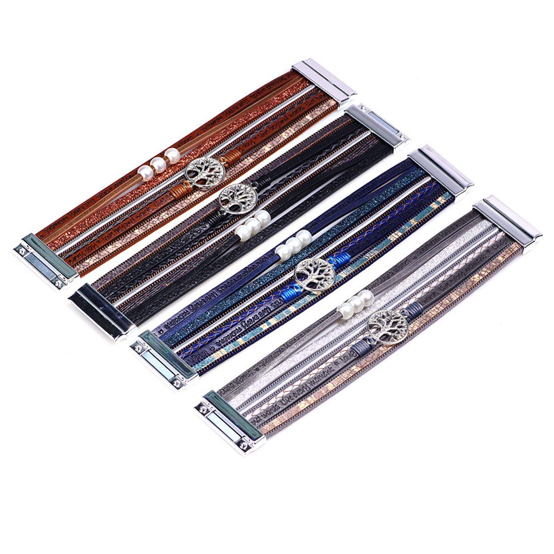 【生命の木ブレス】多重レザーブレスレット｜レディース アンティーク風 パール付き（全5色）