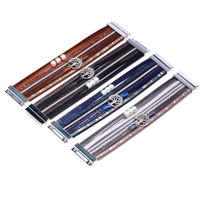 【生命の木ブレス】多重レザーブレスレット｜レディース アンティーク風 パール付き（全5色）