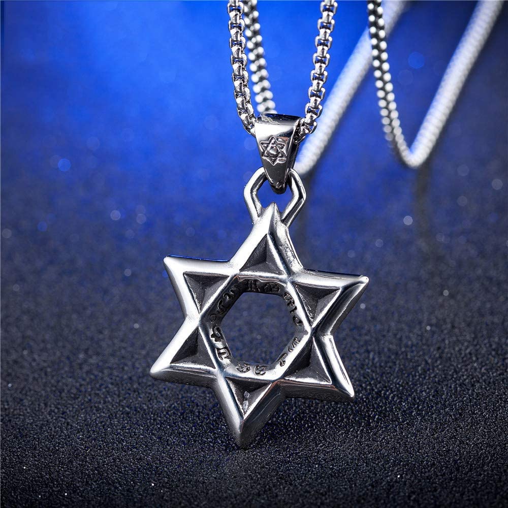 Rockyu 六芒星ネックレス メンズ ステンレス製 ダビデの星 ペンダント シルバー 60cmチェーン