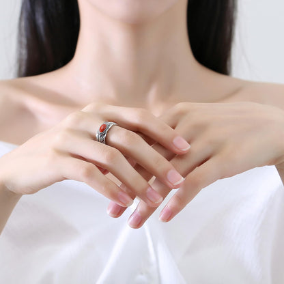 Rockyu 南紅瑪瑙 シルバー925 羽根モチーフリング アンティーク調 開口調整可能