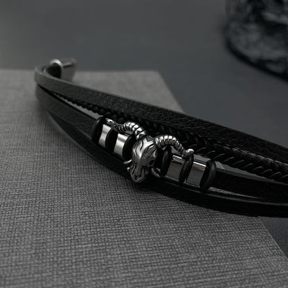 Rockyu メンズ レザーブレスレット 羊頭モチーフ PU革 多層デザイン ブラック