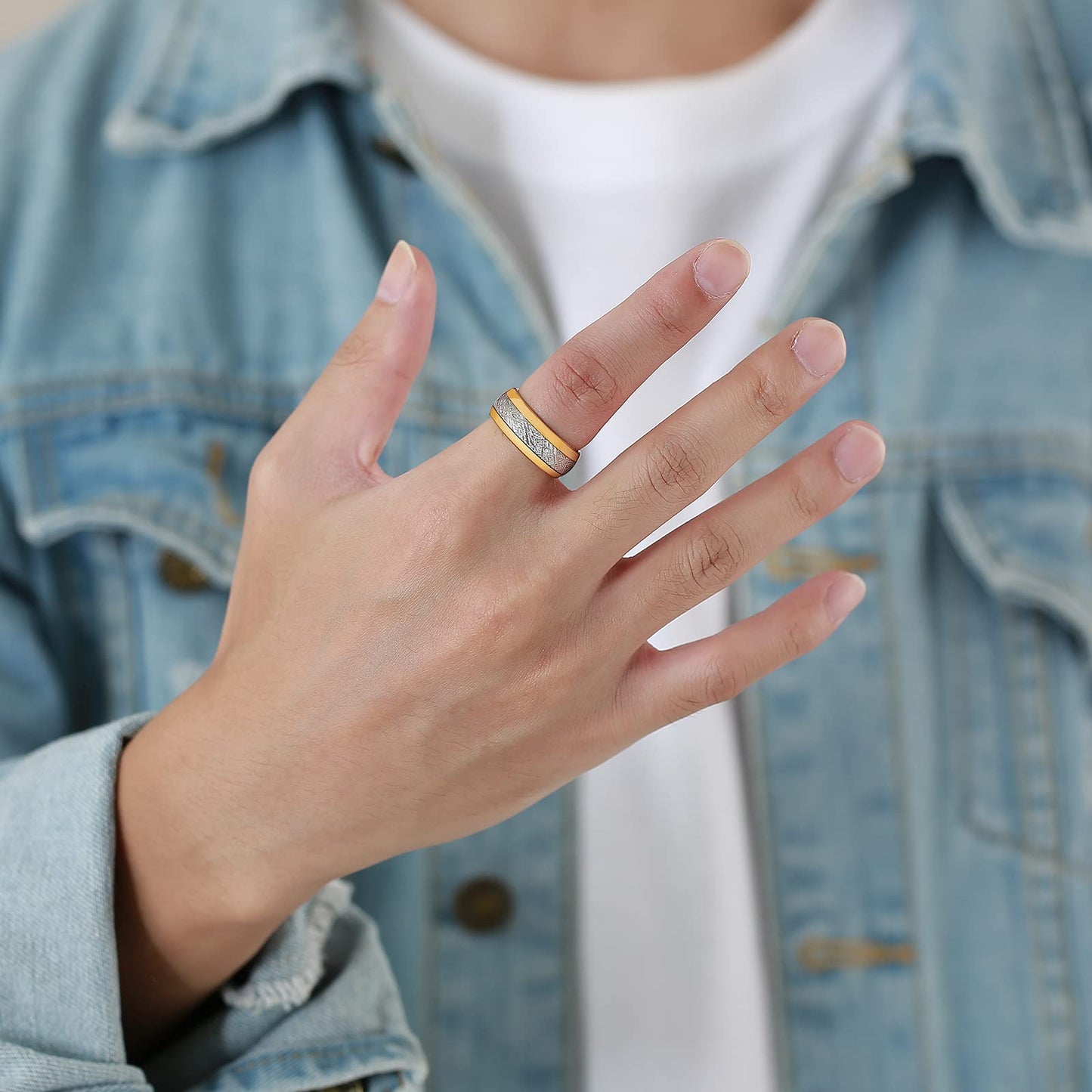 Rockyu タングステン 8mm 圧紋デザインリング ゴールド×シルバー メンズ レディース 金属アレルギー対応