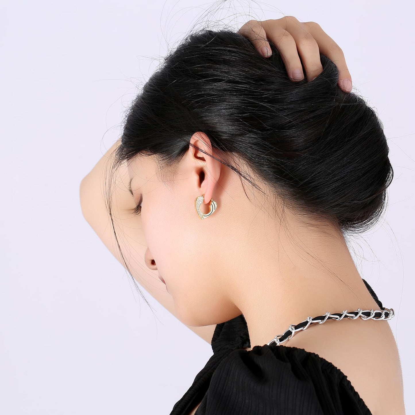 Rockyu ピアス レディース シルバー925 心形 多粒ダイヤ リングピアス フープ ゴールド ハートピアス 純銀製 金属アレルギー対応 パーティー プレゼント ギフト おしゃれ ジュエリー