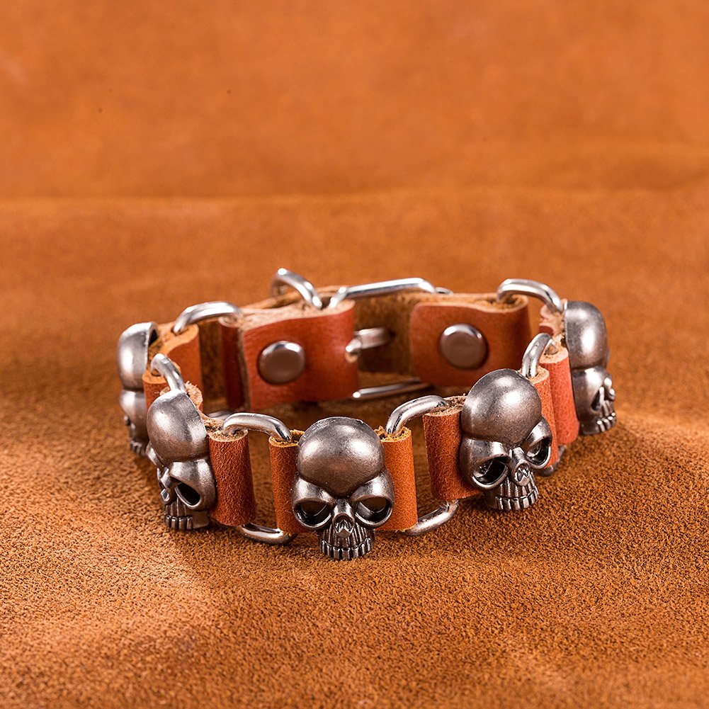 【13連スカルの主張】ドクロレザーブレスレット｜ブラック＆ブラウン パンクバングル