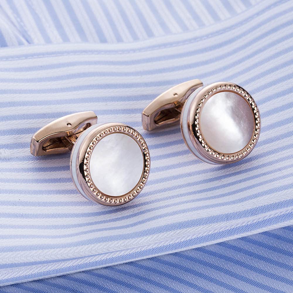 Rockyu メンズ 白蝶貝カフス ピンクゴールド ラウンドデザイン ステンレス製