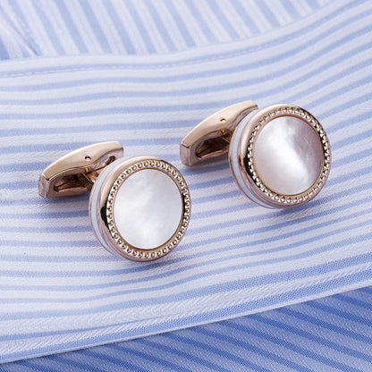 Rockyu メンズ 白蝶貝カフス ピンクゴールド ラウンドデザイン ステンレス製